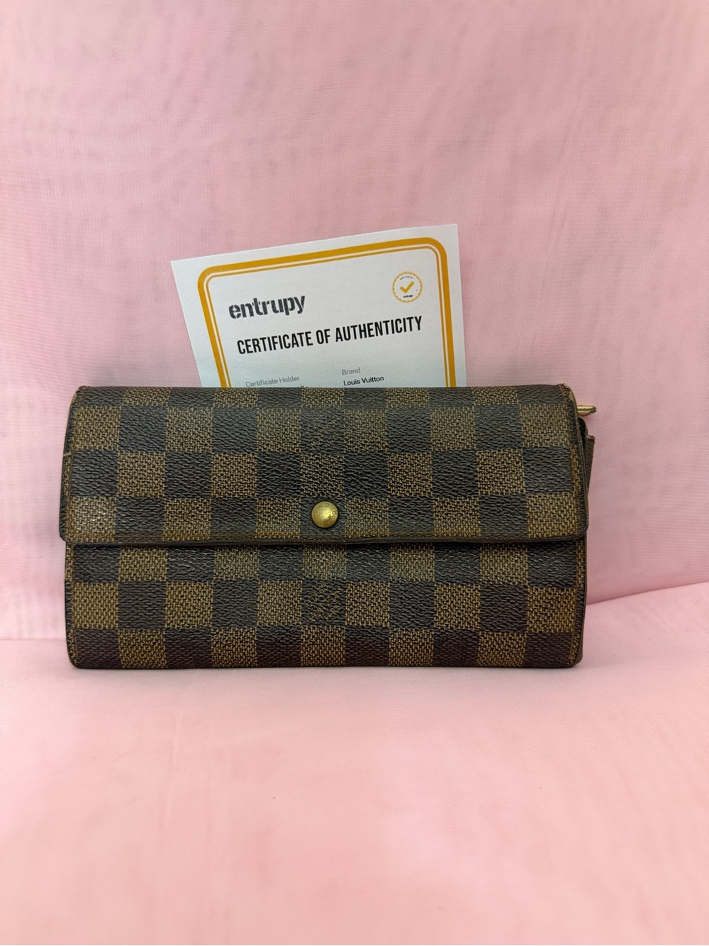 Louis Vuitton Brown Checkered Damier Ebene Continental Wallet with Gold Hardware